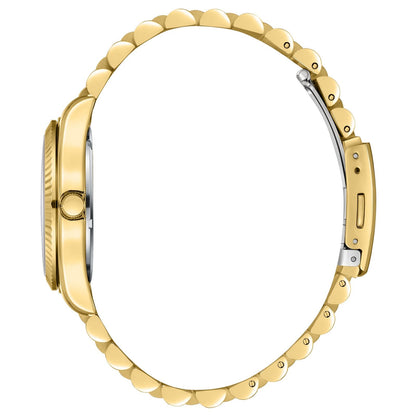Side view of gold watch showing fluted bezel, case profile, and segmented bracelet