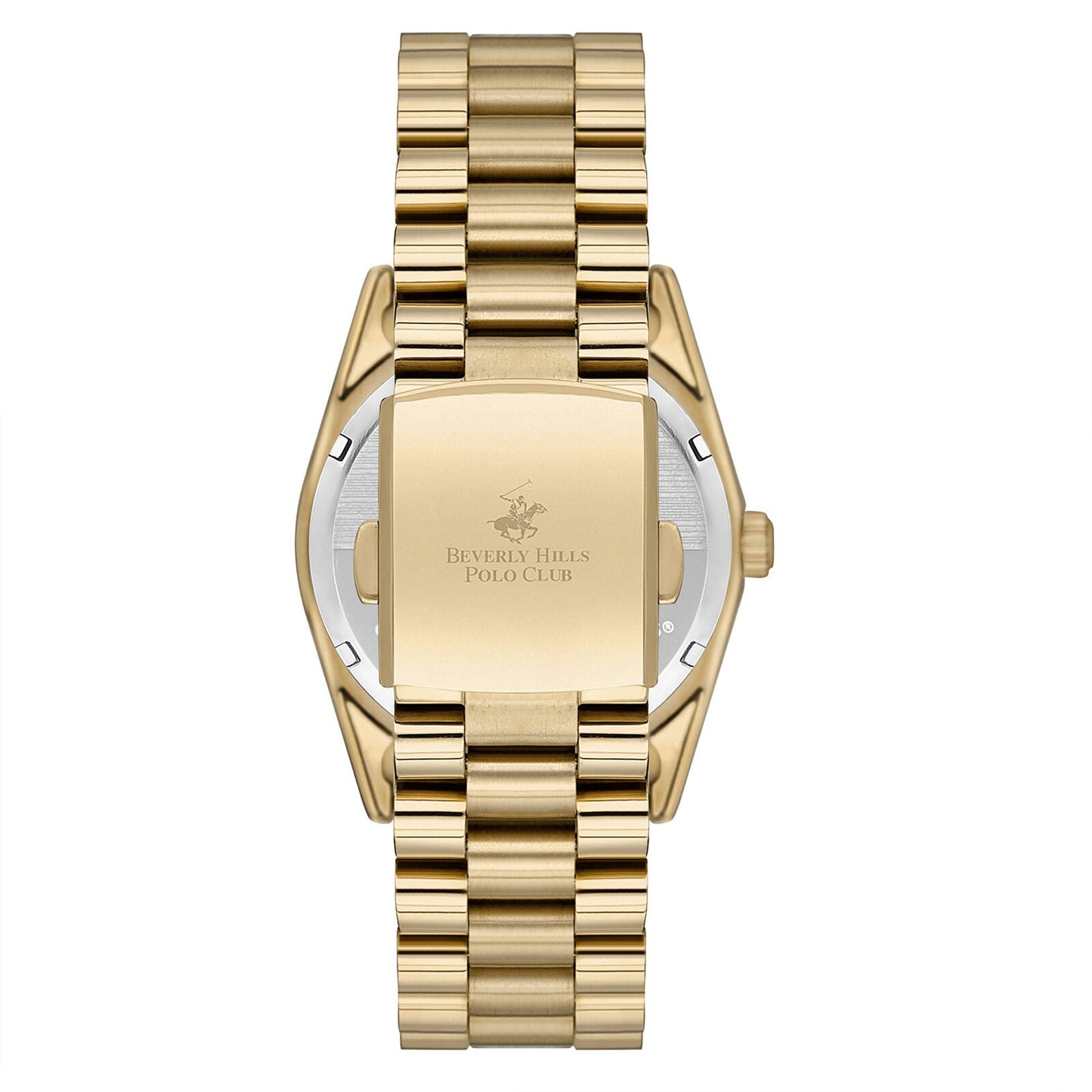 Gold caseback of Beverly Hills Polo Club watch with engraved branding