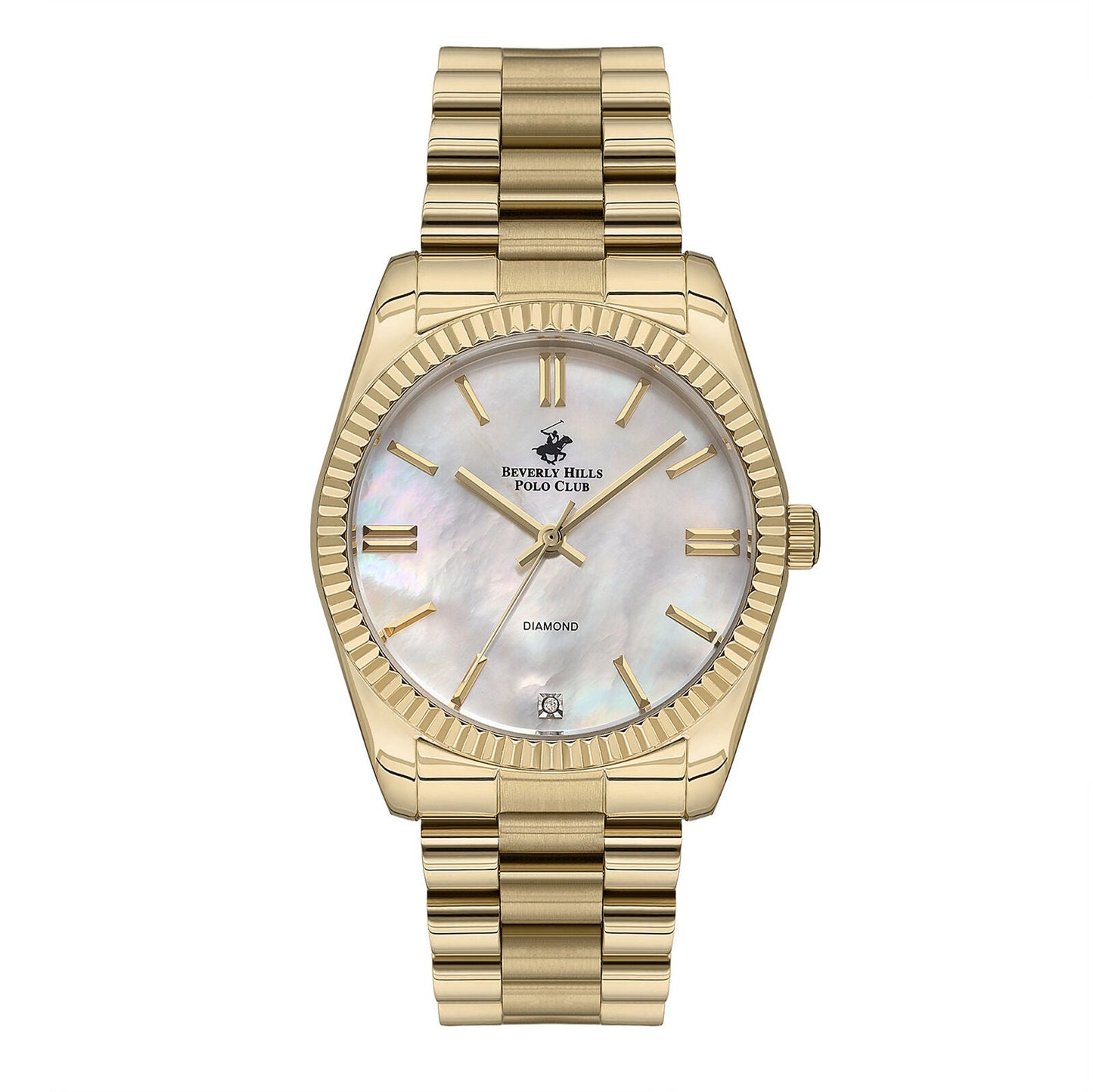 Beverly Hills Polo Club all-gold watch with mother-of-pearl dial and diamond markers