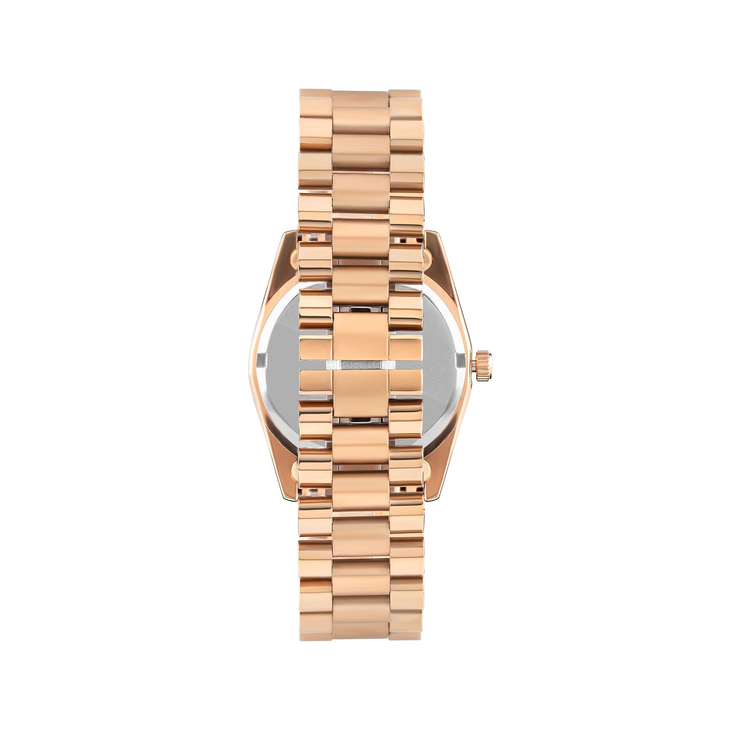 Back view of rose gold watch case and linked bracelet