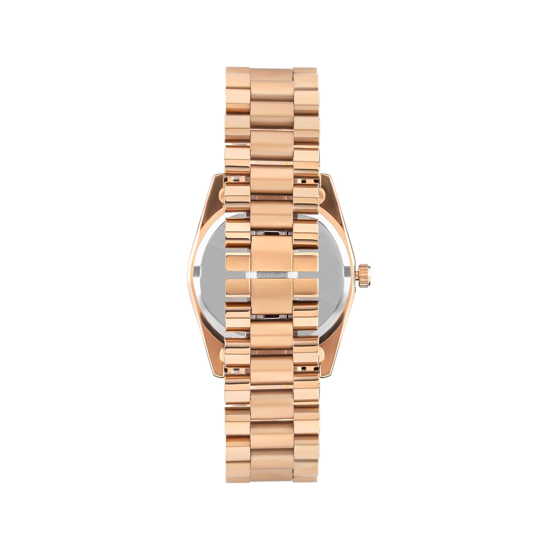 Back view of rose gold watch case and linked bracelet