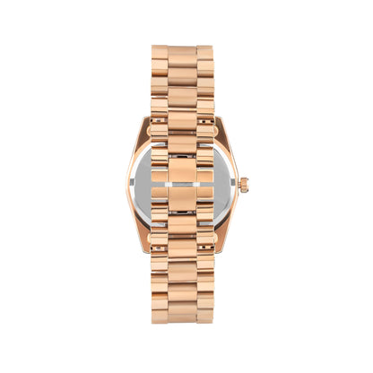 Back view of rose gold watch case and linked bracelet