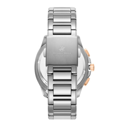 Caseback view of silver stainless steel watch with bracelet and rose gold chronograph pushers