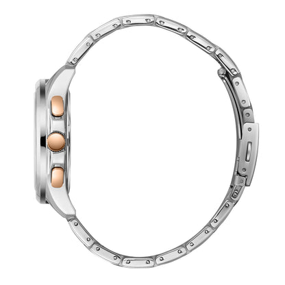 Side view of watch showing stainless steel case profile and rose gold chronograph pushers