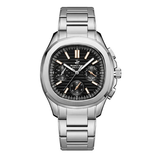 Beverly Hills Polo Club silver multifunction watch with black dial and chronograph subdials