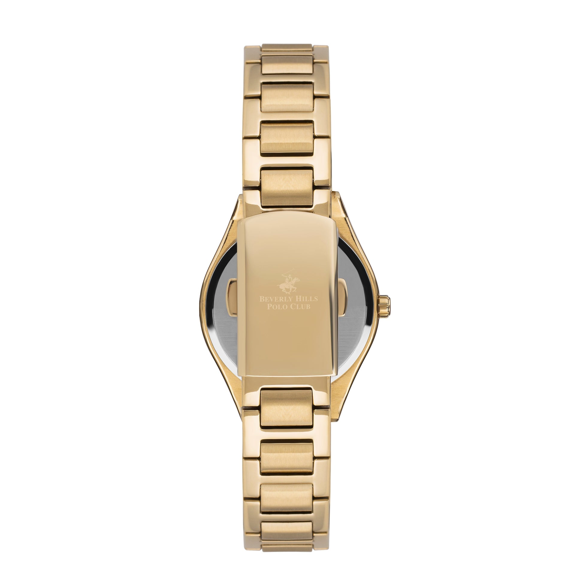 Watch caseback showing gold case with Beverly Hills Polo Club engraving