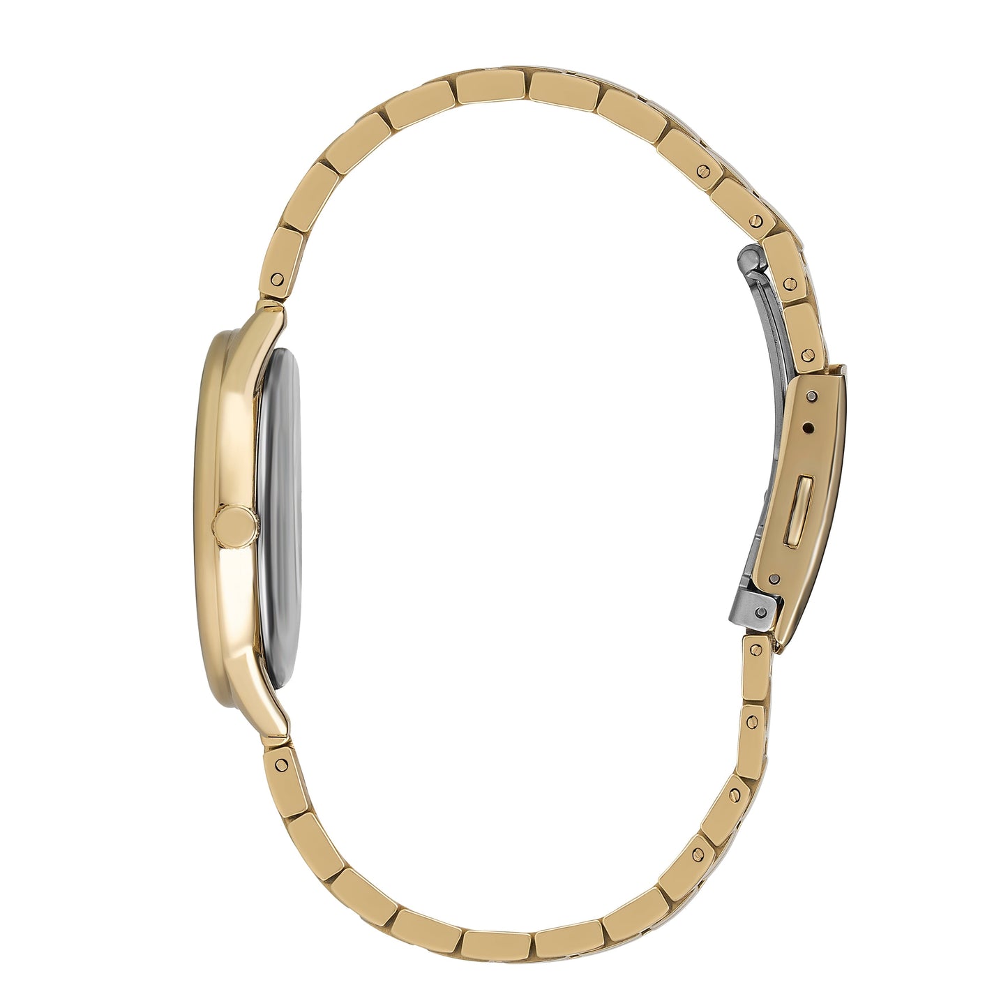 All gold watch bracelet and case side profile view