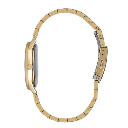 All gold watch bracelet and case side profile view
