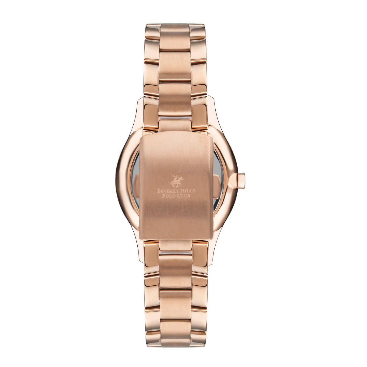 Caseback view of rose gold Beverly Hills Polo Club watch with metal bracelet