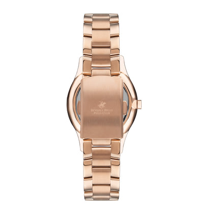 Caseback view of rose gold Beverly Hills Polo Club watch with metal bracelet