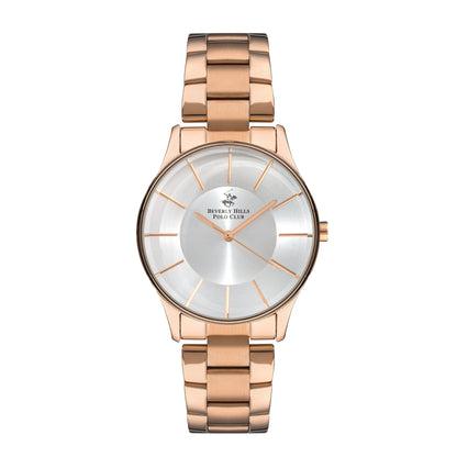 Beverly Hills Polo Club rose gold analog watch with silver sunray dial and rose gold bracelet