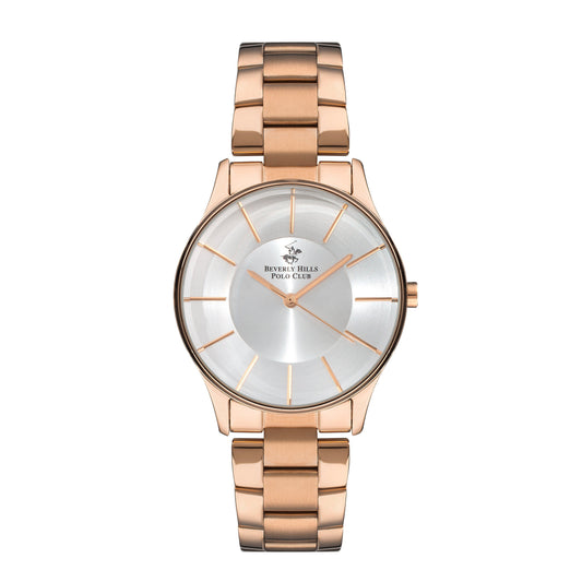 Beverly Hills Polo Club rose gold analog watch with silver sunray dial and rose gold bracelet