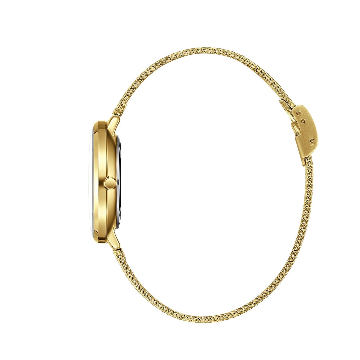 Side profile view of Beverly Hills Polo Club gold mesh watch BP3312X.130