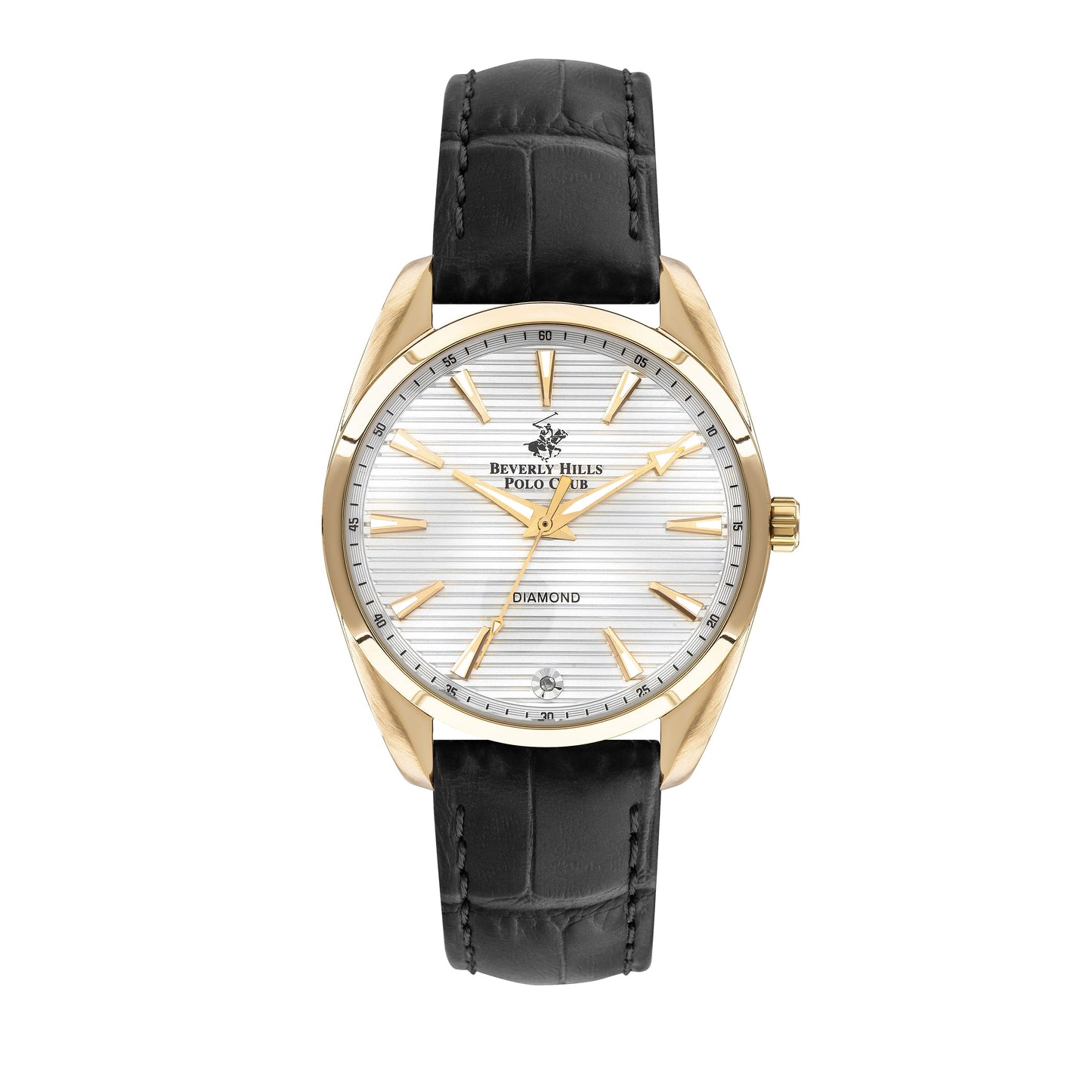 Beverly Hills Polo Club women's leather diamond watch with gold-tone case and black leather strap