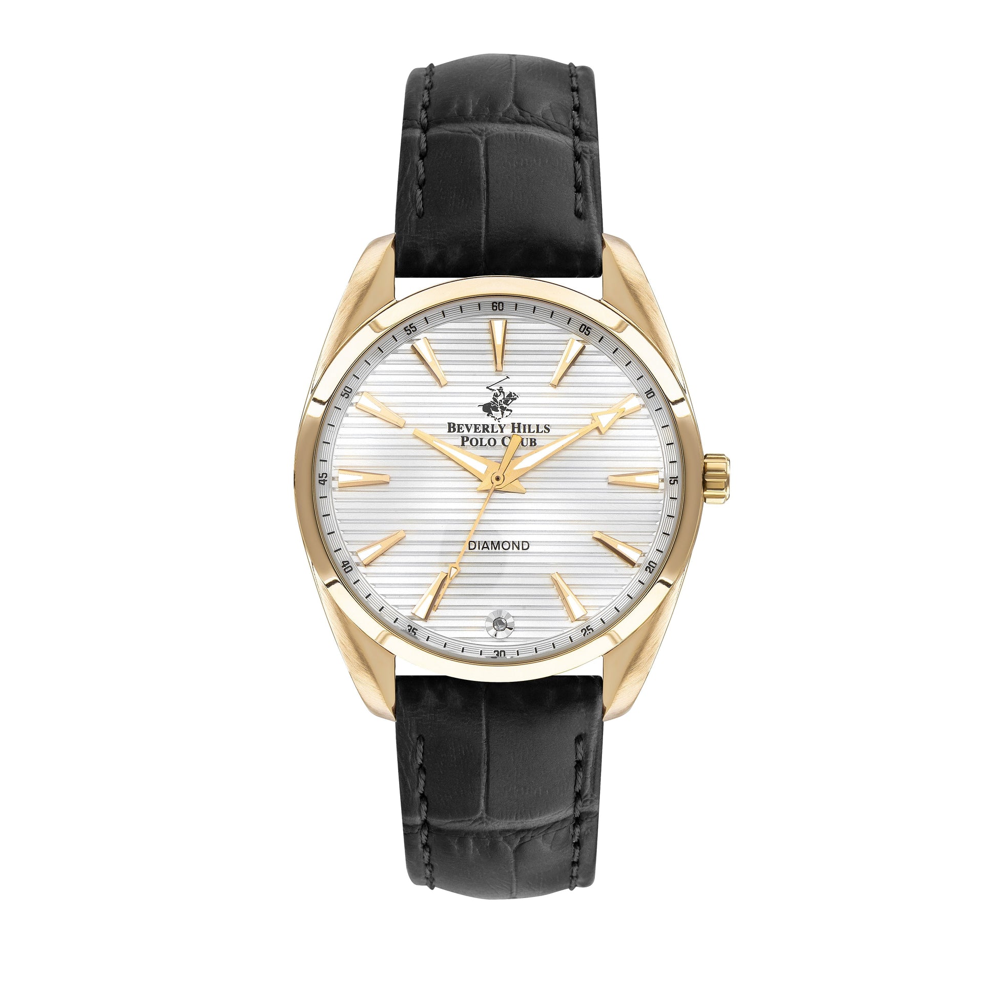 Beverly Hills Polo Club women's leather diamond watch with gold-tone case and black leather strap