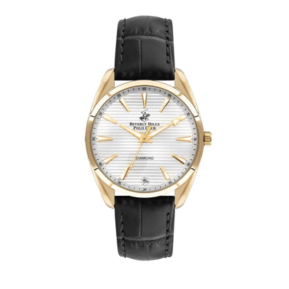 Beverly Hills Polo Club women's leather diamond watch with gold-tone case and black leather strap