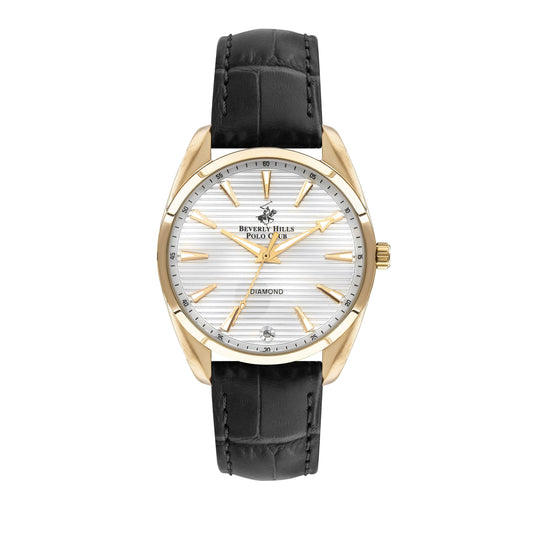 Beverly Hills Polo Club women's leather diamond watch with gold-tone case and black leather strap