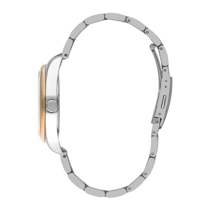 Side view of two-tone stainless steel and rose gold bracelet with crown