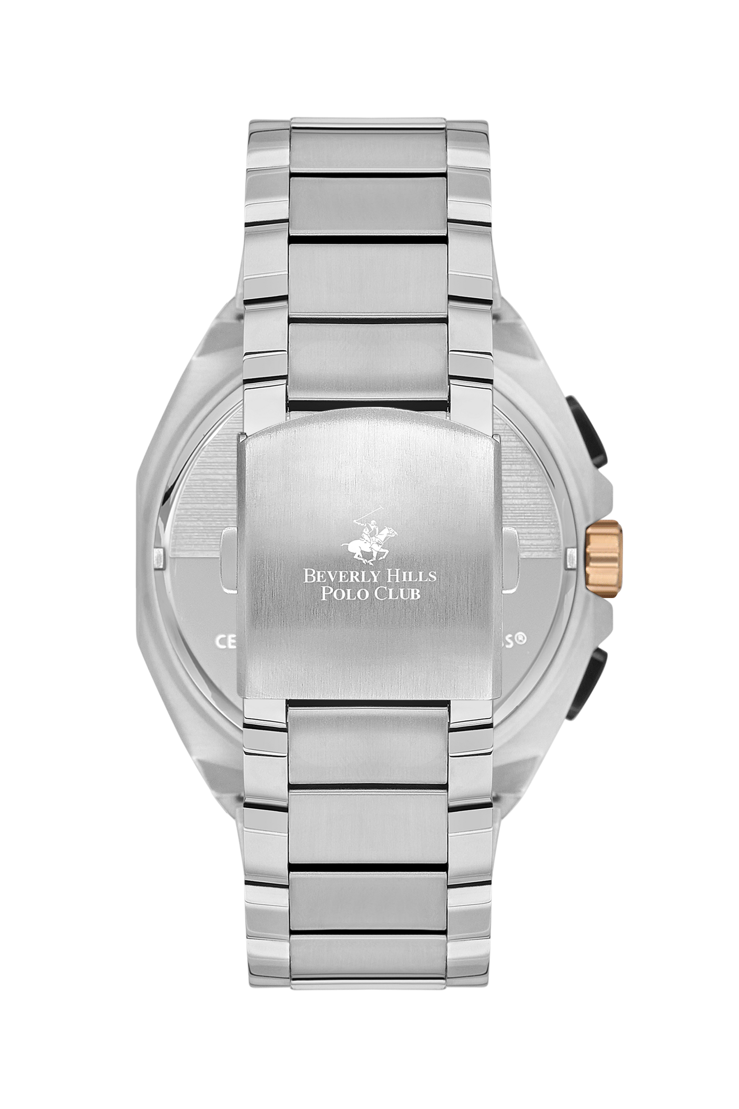 Caseback view of Beverly Hills Polo Club watch with stainless steel bracelet and logo engraving