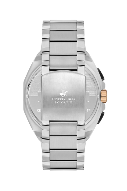 Caseback view of Beverly Hills Polo Club watch with stainless steel bracelet and logo engraving