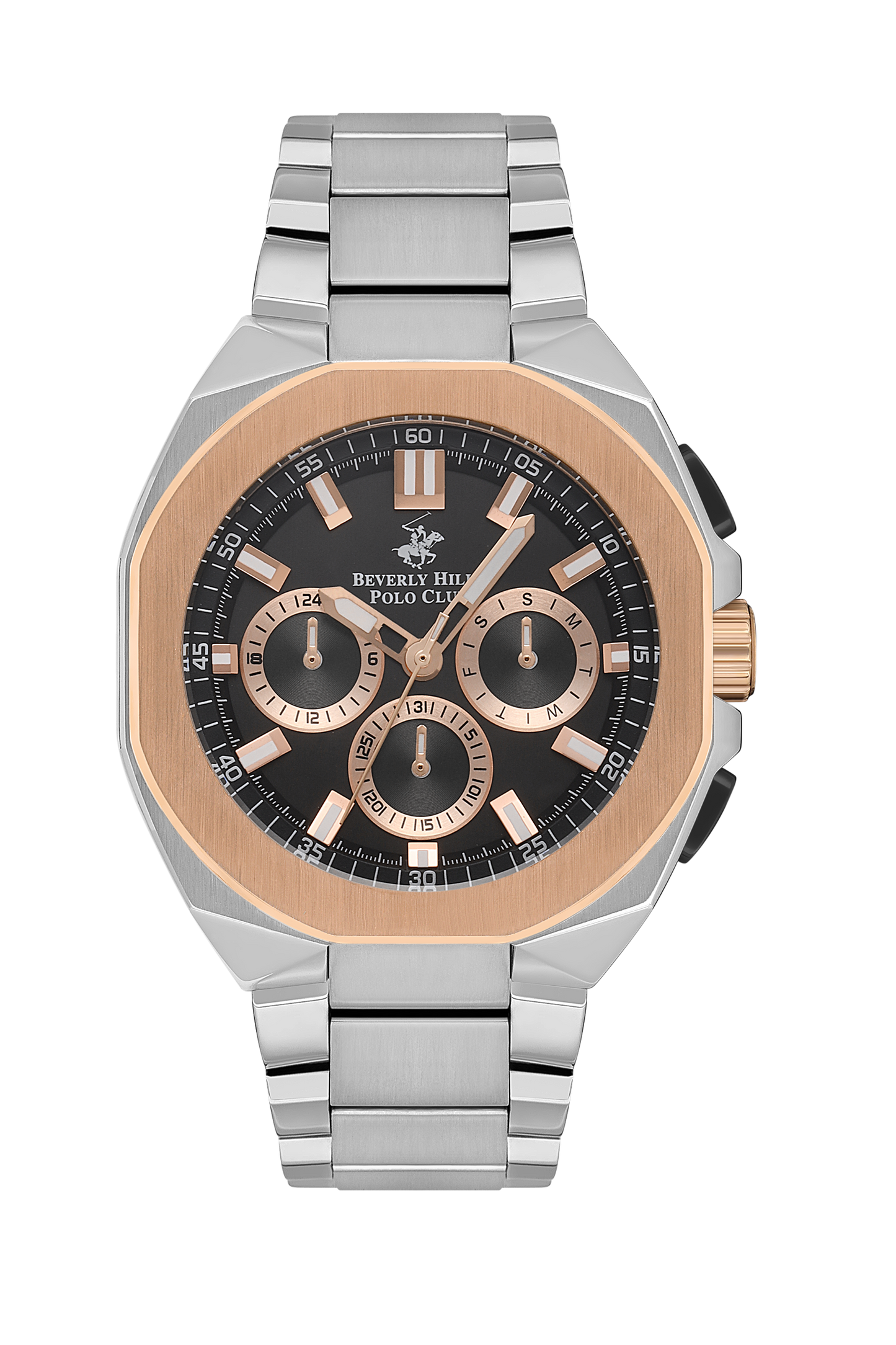 Beverly Hills Polo Club multifunction watch with rose gold and silver case, black dial, chronograph subdials