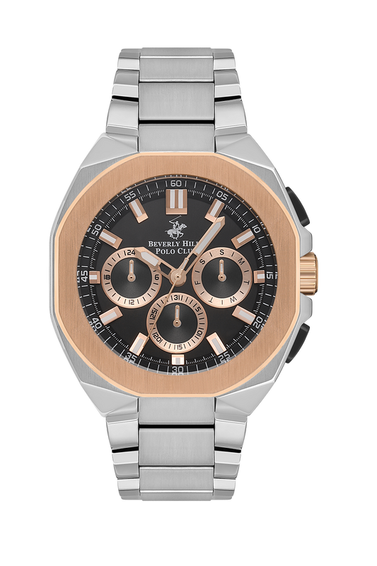 Beverly Hills Polo Club multifunction watch with rose gold and silver case, black dial, chronograph subdials