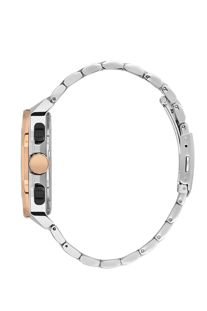 Side profile of Beverly Hills Polo Club watch showing silver stainless steel bracelet and rose gold case