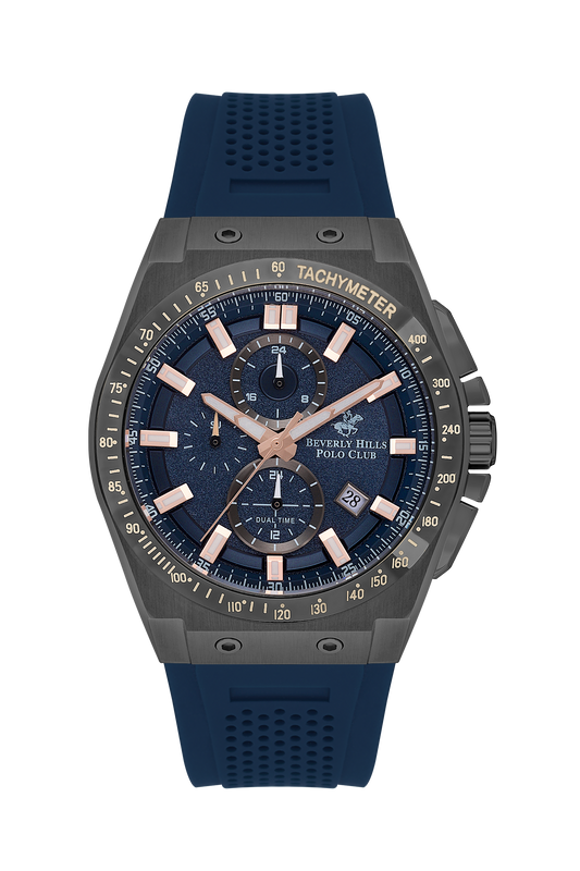 Beverly Hills Polo Club multifunction watch with dark blue dial, gray case, and blue rubber strap