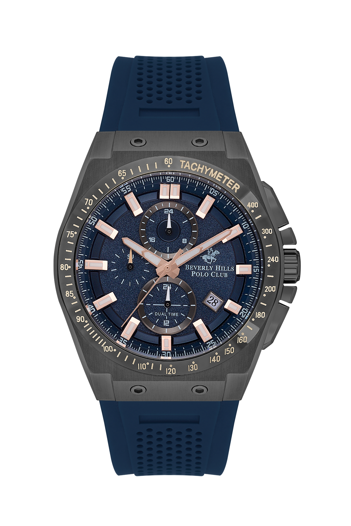 Beverly Hills Polo Club multifunction watch with dark blue dial, gray case, and blue rubber strap