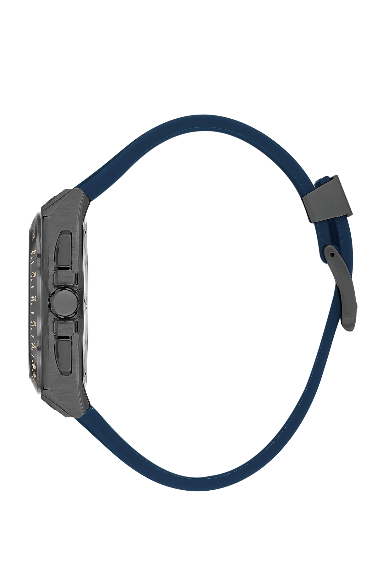Side profile of Beverly Hills Polo Club watch showing blue rubber strap and gray case
