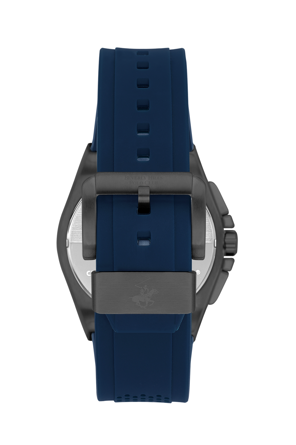 Blue rubber strap with buckle closure on Beverly Hills Polo Club watch