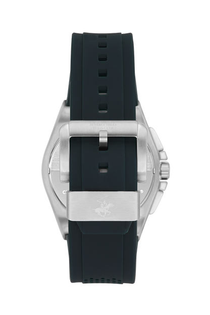 Caseback view of Beverly Hills Polo Club watch with black rubber strap