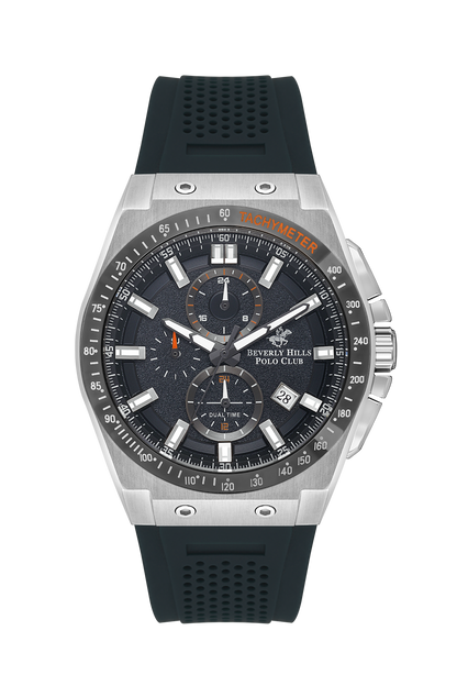 Beverly Hills Polo Club sporty multifunction watch with black dial, steel case and black rubber strap