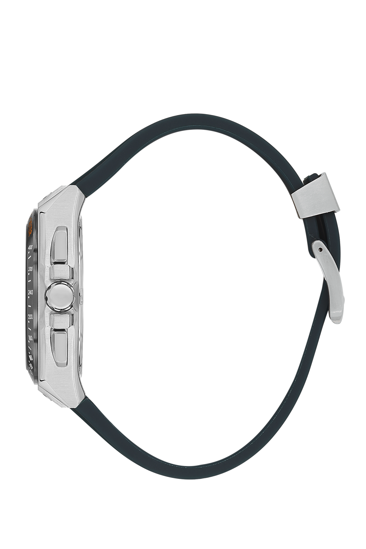Side view of Beverly Hills Polo Club watch showing black rubber strap and steel case profile