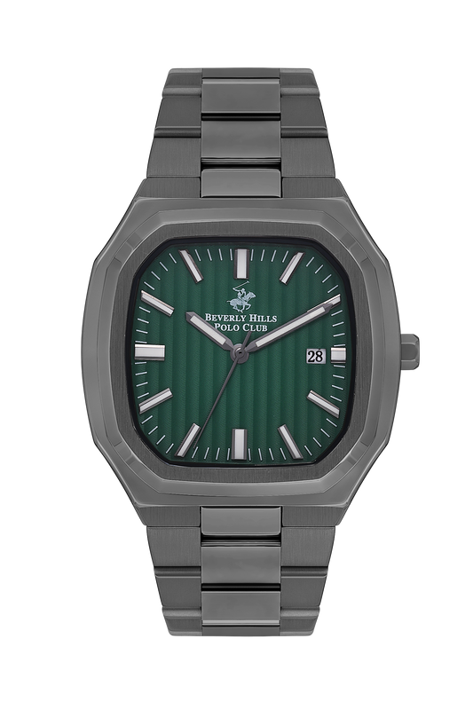 Beverly Hills Polo Club black stainless steel watch with green dial, white hour markers, and date window