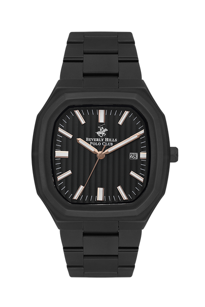 Beverly Hills Polo Club BP3547X all-black analog watch with date window and striped dial