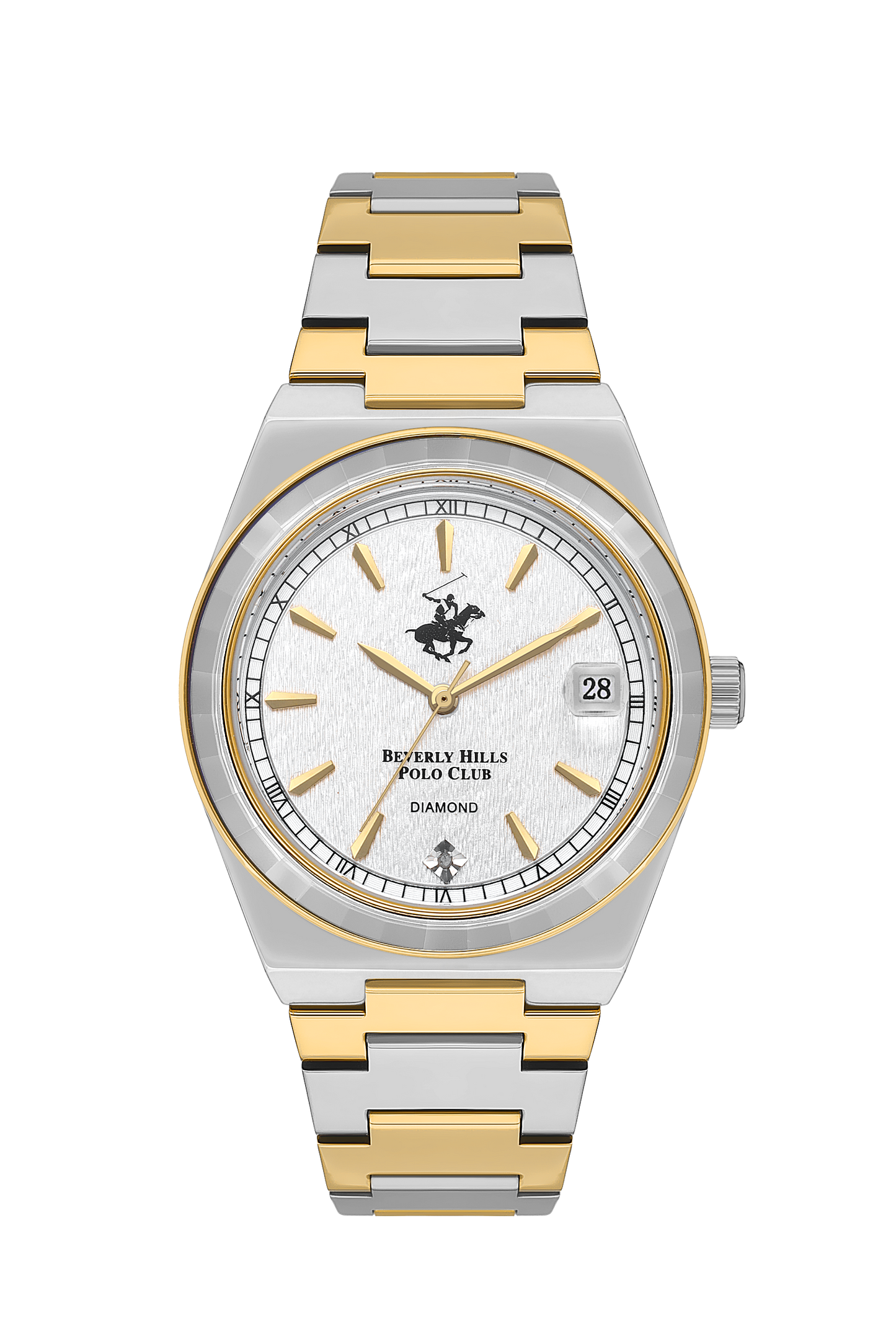 Beverly Hills Polo Club two-tone diamond date watch with white dial and mixed metal bracelet
