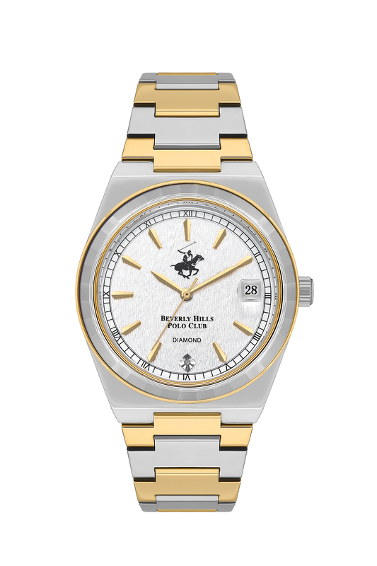Beverly Hills Polo Club two-tone diamond date watch with white dial and mixed metal bracelet
