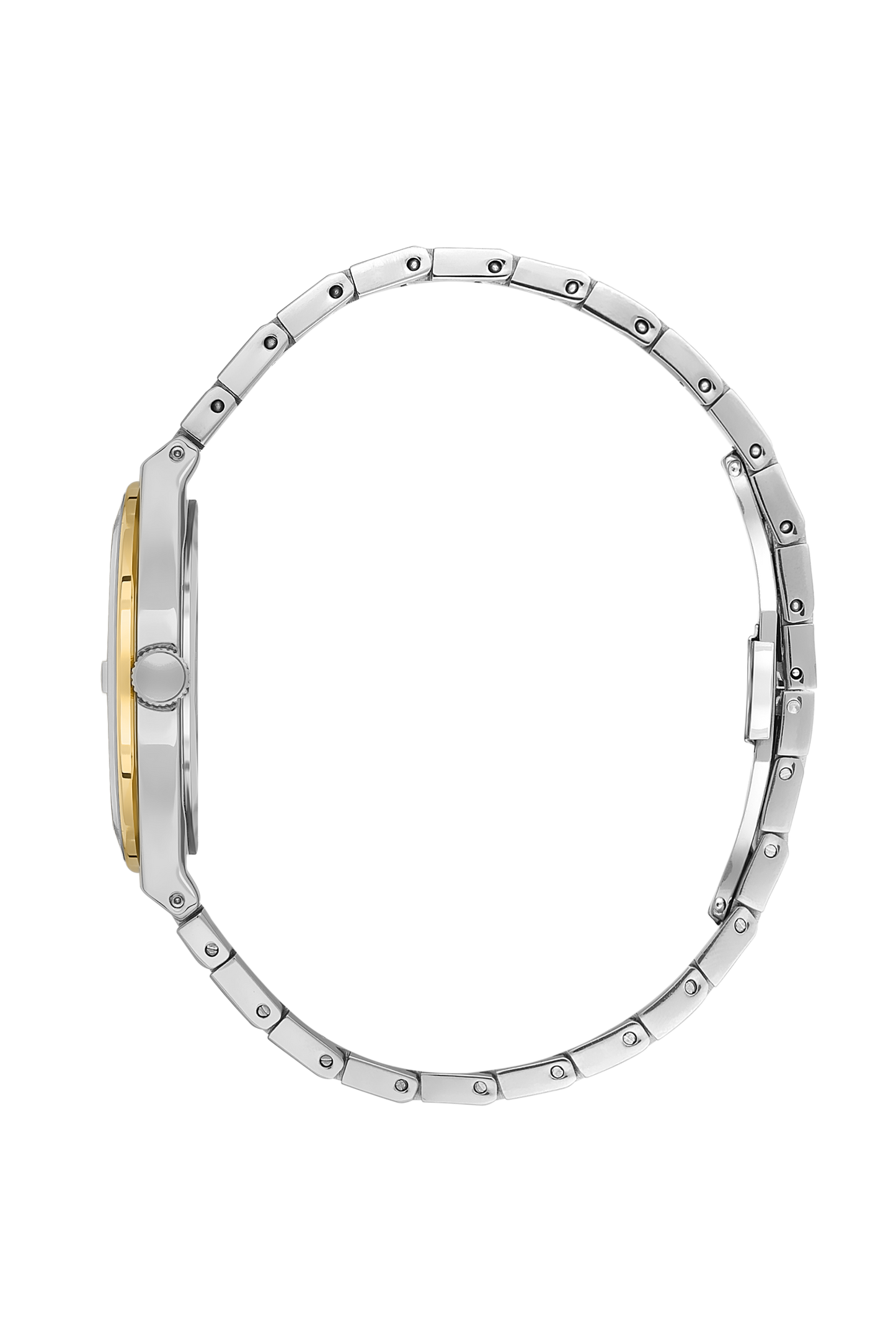 Side view of Beverly Hills Polo Club two-tone watch showing diamond-set bezel and case thickness