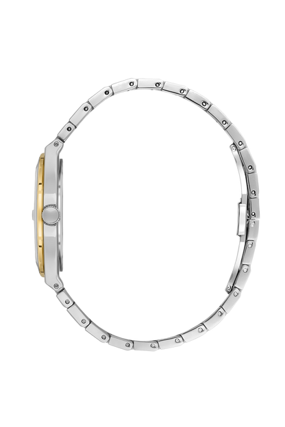 Side view of Beverly Hills Polo Club two-tone watch showing diamond-set bezel and case thickness