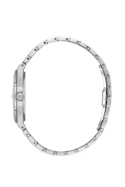 Close-up of white dial featuring diamond hour markers and Beverly Hills Polo Club branding