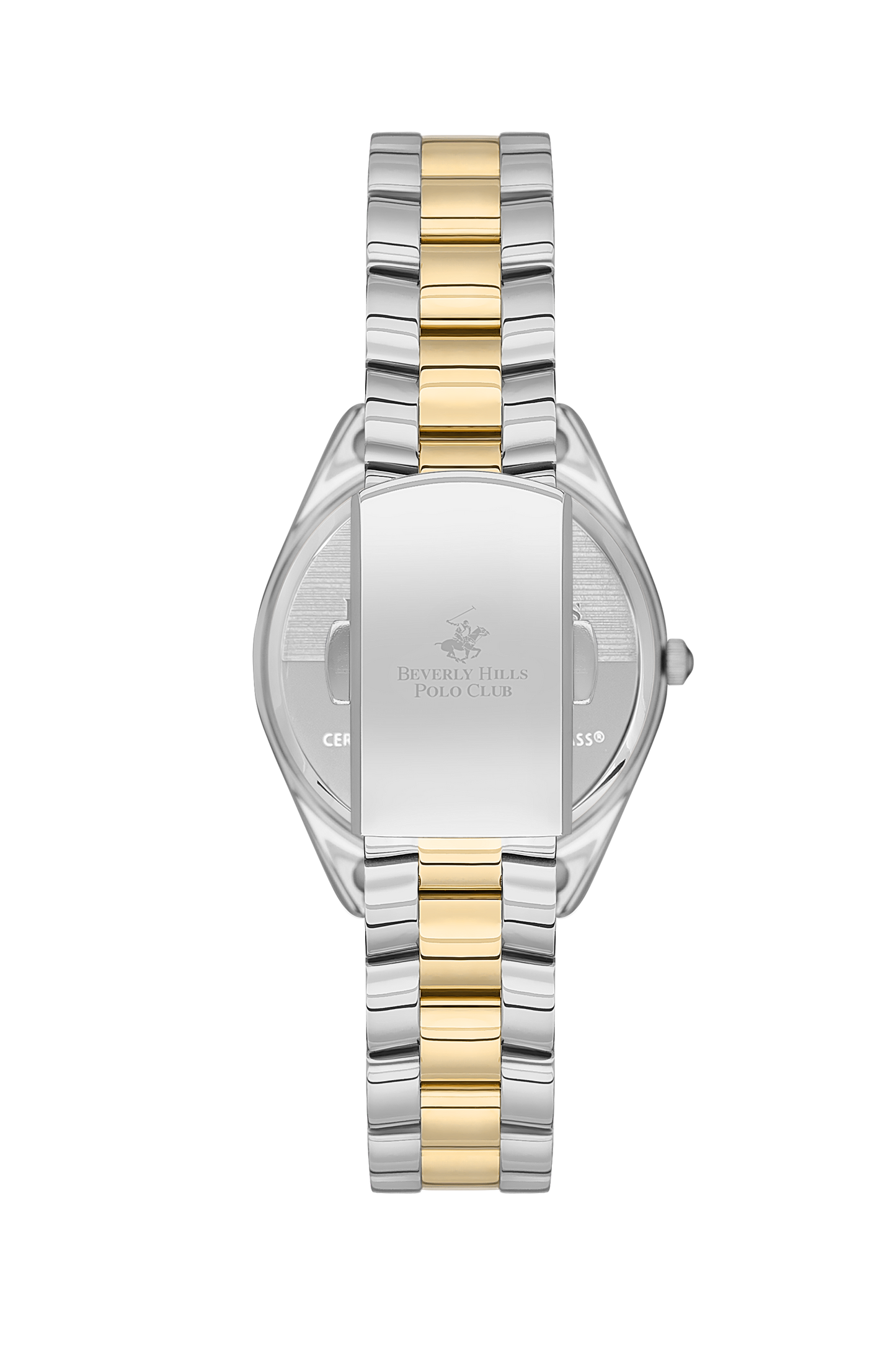 Back view of Beverly Hills Polo Club watch showing engraved caseback and two-tone bracelet