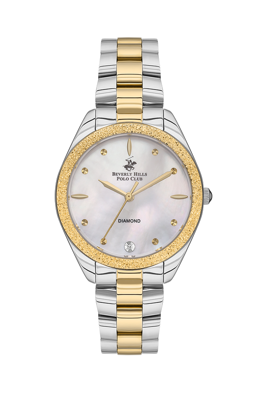 Beverly Hills Polo Club women's two-tone diamond watch with mother-of-pearl dial and gold bezel