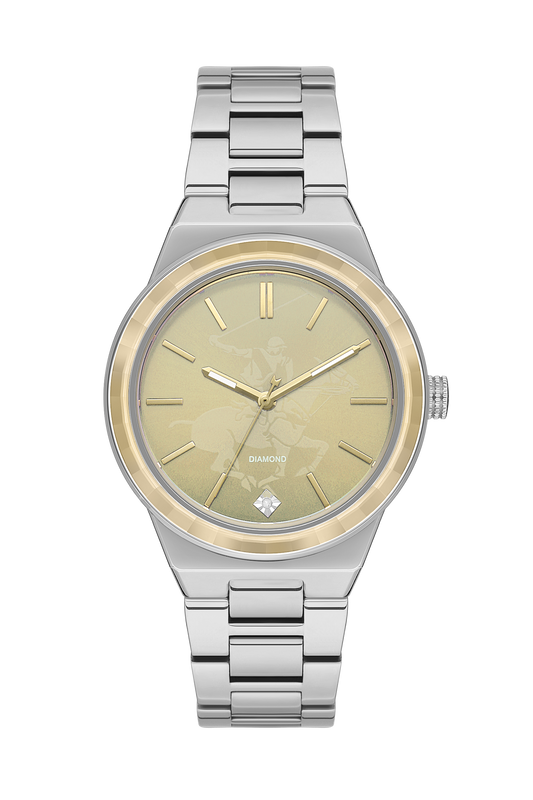Beverly Hills Polo Club BP3584X.110 silver stainless steel watch with champagne dial and diamond on bracelet