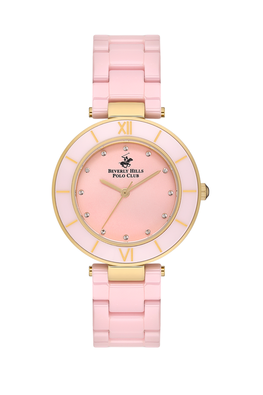 Beverly Hills Polo Club ceramic watch with pink dial, diamond indexes, two-tone case and pink bracelet