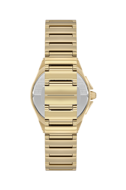 Back view of Beverly Hills Polo Club mother-of-pearl watch with gold bracelet