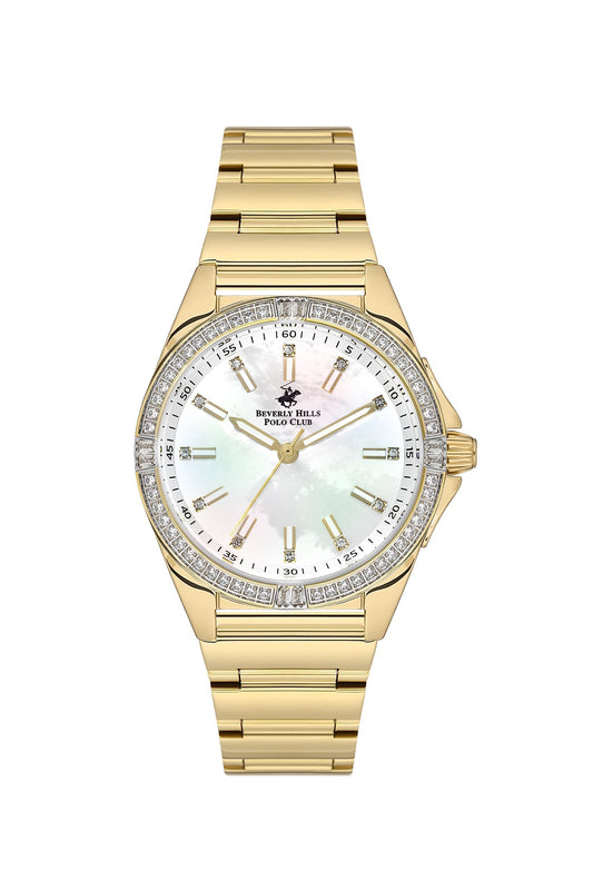 Beverly Hills Polo Club gold watch with mother-of-pearl dial and diamond bezel