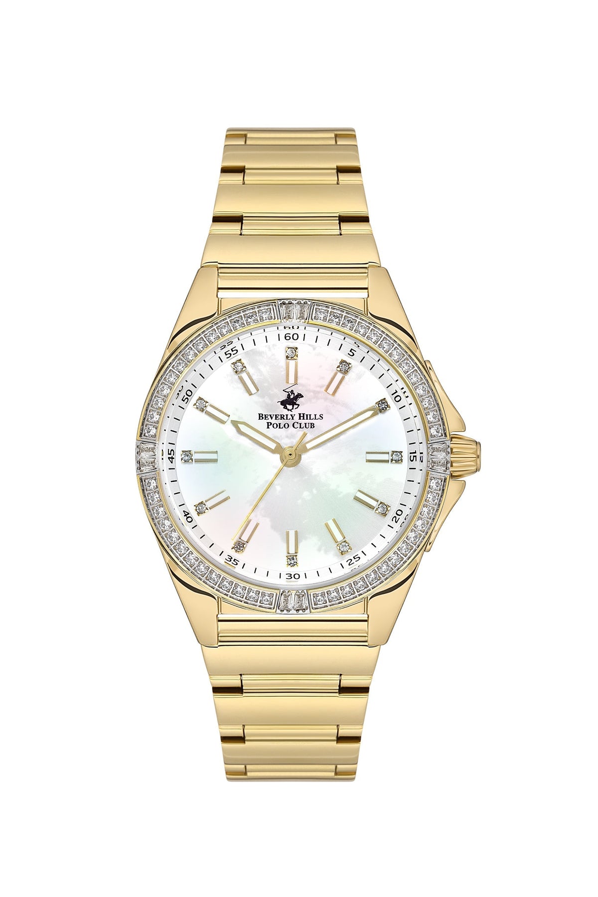 Beverly Hills Polo Club gold watch with mother-of-pearl dial and diamond bezel