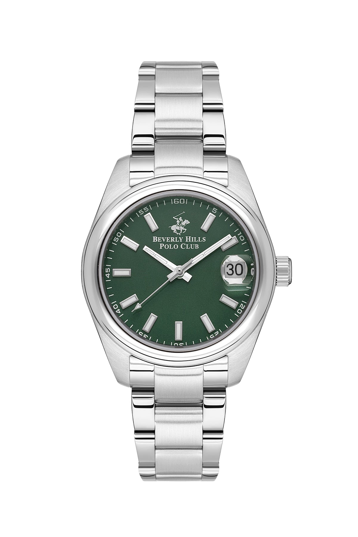 Beverly Hills Polo Club 32mm green dial watch with silver stainless steel case and bracelet