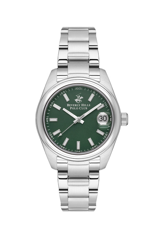 Beverly Hills Polo Club 32mm green dial watch with silver stainless steel case and bracelet